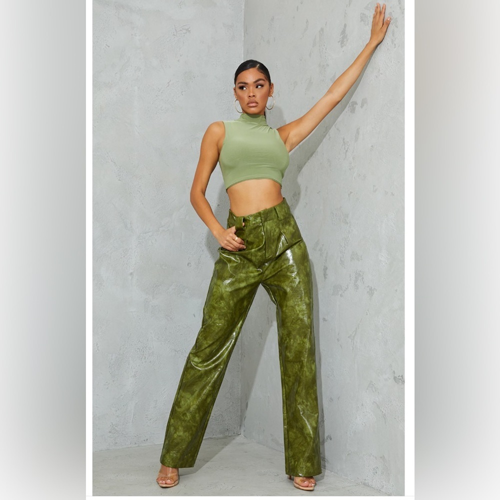 PrettyLittleThing Green Faux Leather Darted Straight Leg Pants